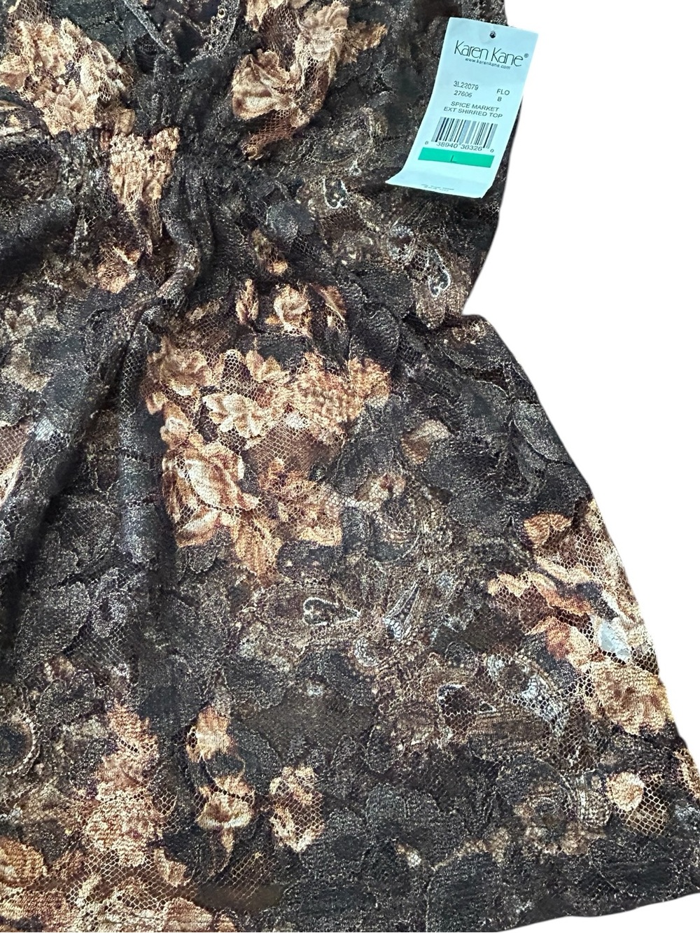 Karen Kane Brown Floral Lace-Trim V-Neck Spice Market Shirred Top SZ L Rare NWT - Picture 9 of 14